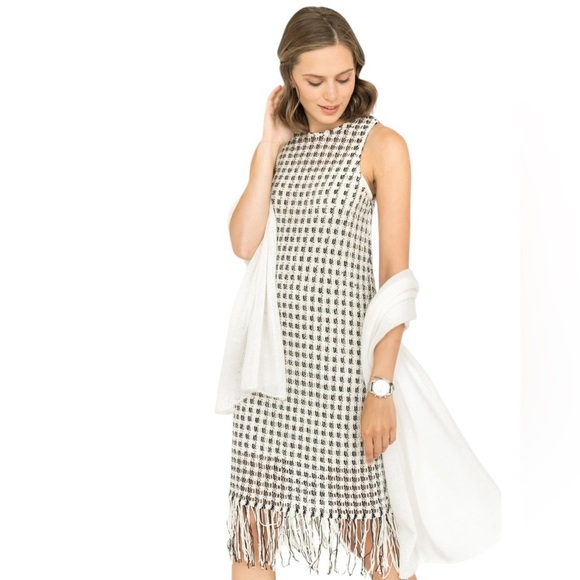 Mango Crochet Knit Dress with Finge Hem Navy and Cream Size XS - Picture 1 of 13